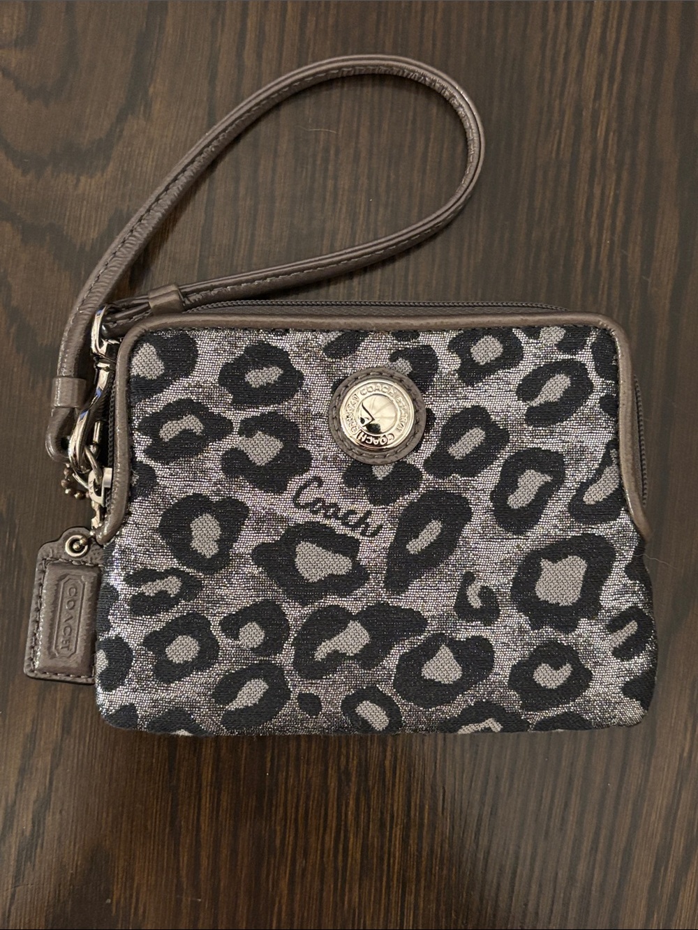 Coach Metallic Leopard Print Wristlet Pouch in Black and Silver